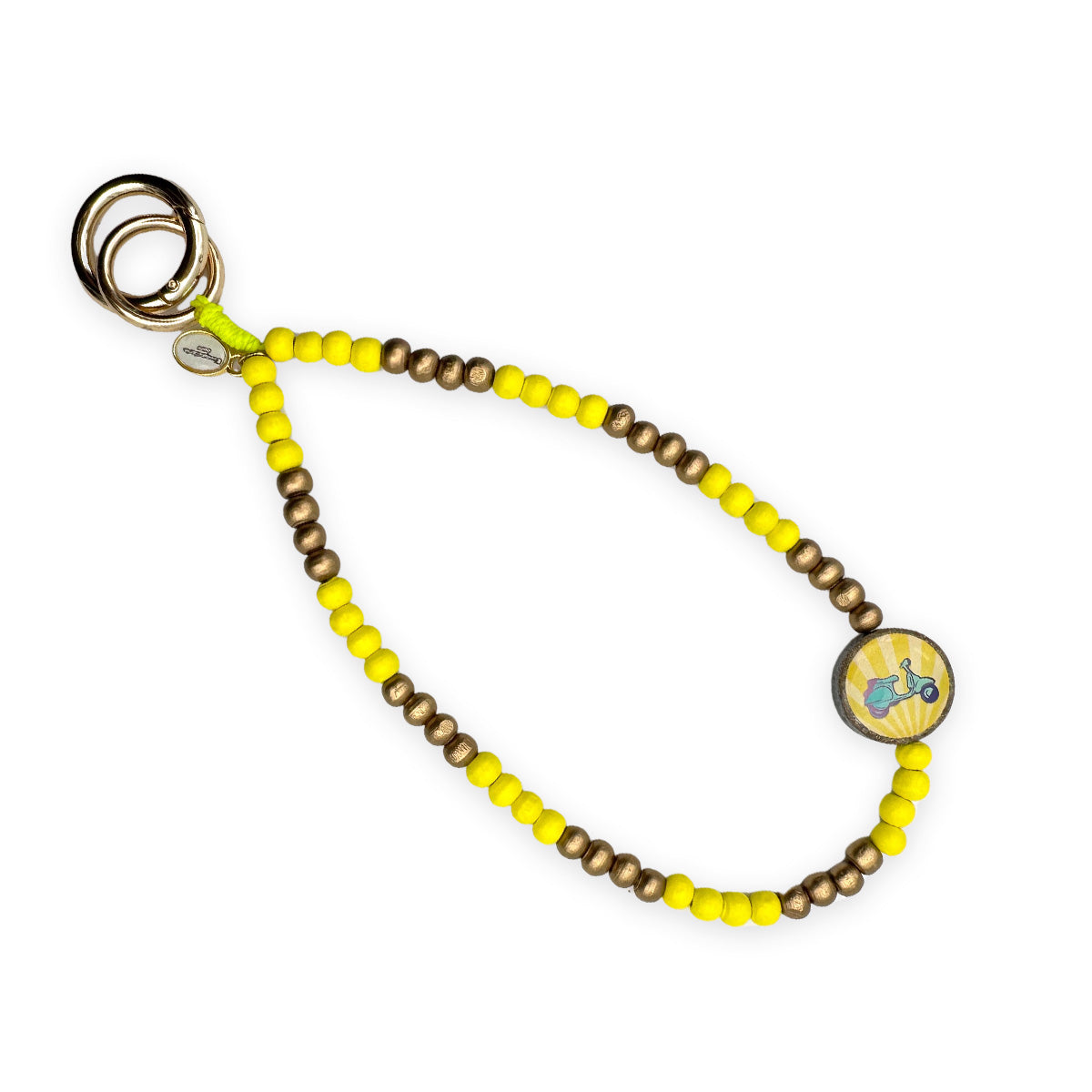 Escapulario kurze Handykette Gelb-Gold mit Perlen, Holzpin-Anhänger und Karabiner als kompaktes Smartphone-Accessoire für Frauen.