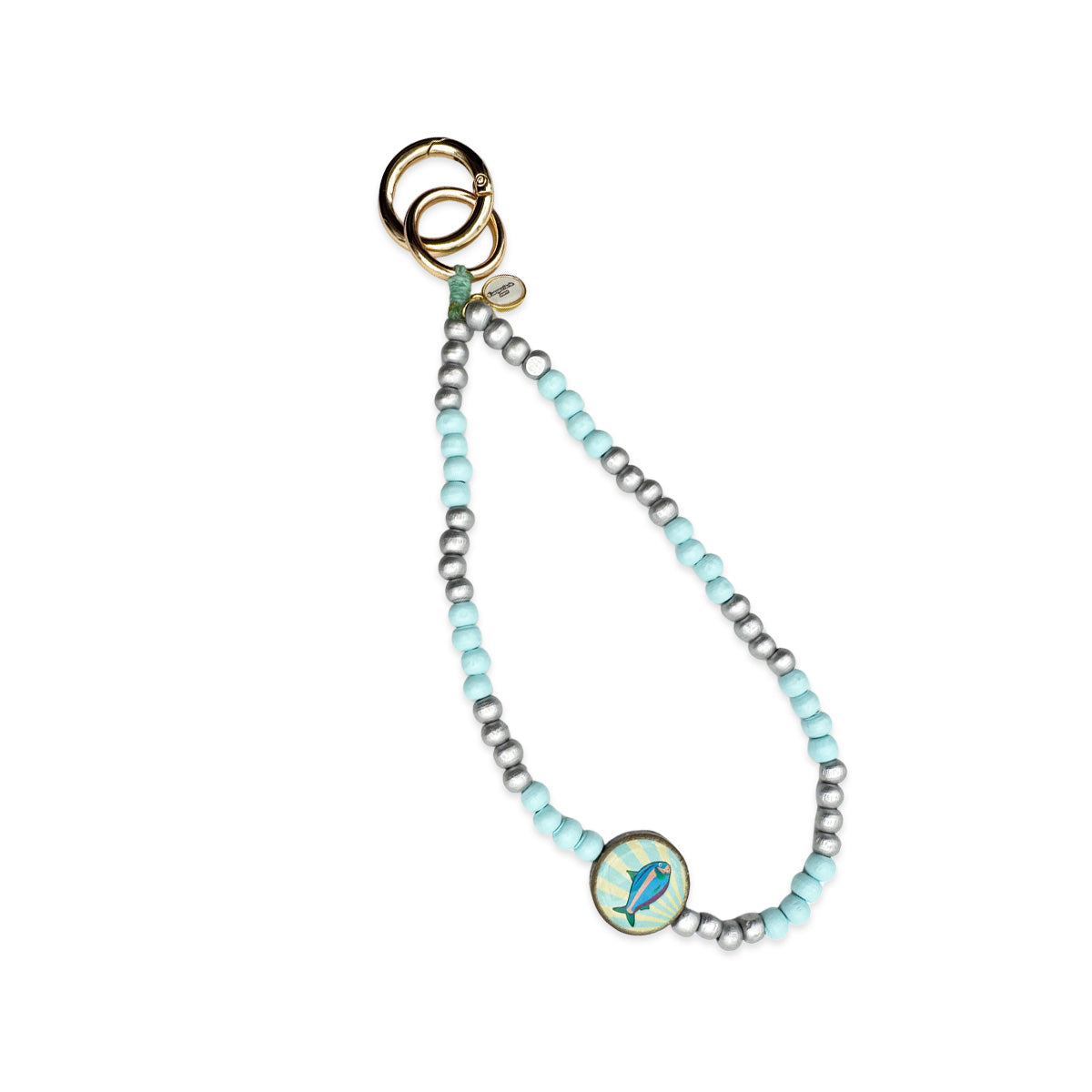 Escapulario kurze Handykette Hellblau-Silber mit kühlen Perlen, silberfarbenem Pin und Metallkarabinern als dezentes Handyband für Frauen.