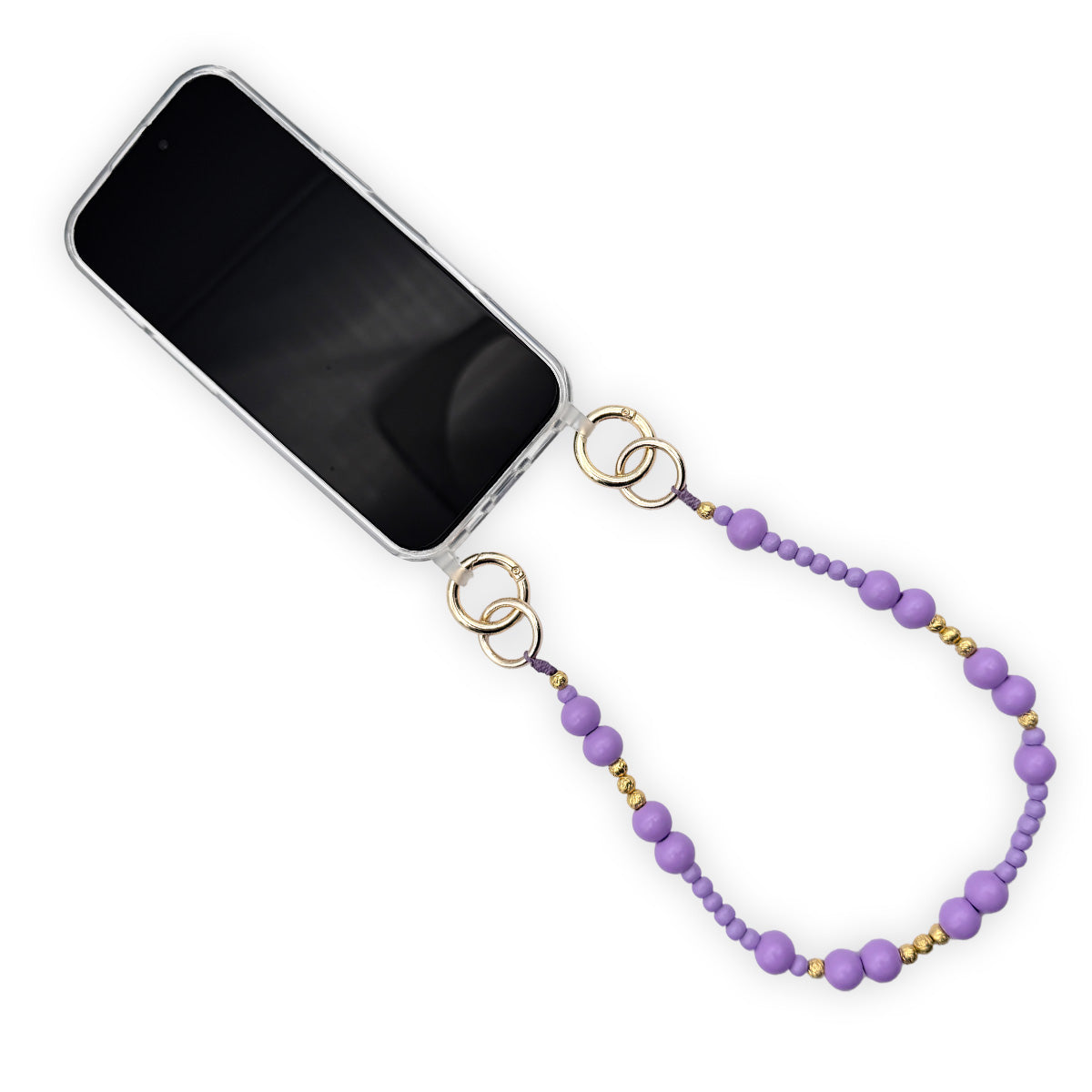 Escapulario kurze Handykette aus Holzperlen in Flieder und Gold als zartes, feminines Handyband für deinen Sommerlook.