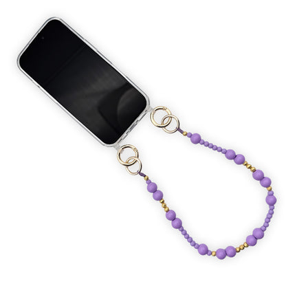 Escapulario kurze Handykette aus Holzperlen in Flieder und Gold als zartes, feminines Handyband für deinen Sommerlook.