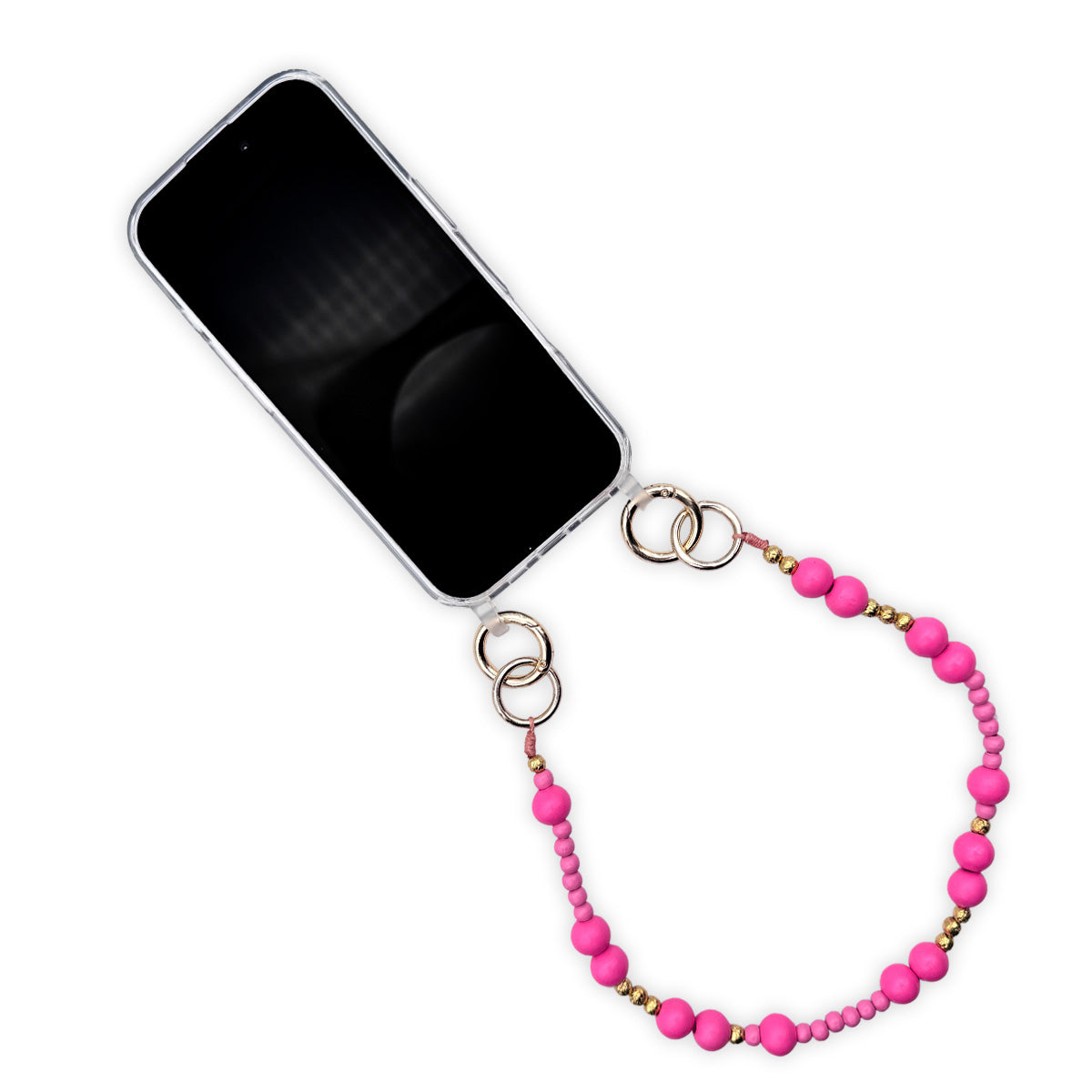 Escapulario kurze Handykette aus Holzperlen in Lipstick-Pink und Gold als kräftig buntes Statement-Piece für dein Handy.