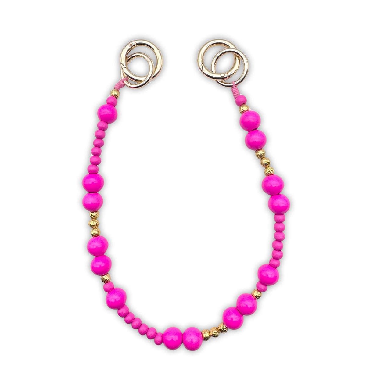 Escapulario kurze Handykette aus Holzperlen in Lipstick-Pink und Gold als kräftig buntes Statement-Piece für dein Handy.