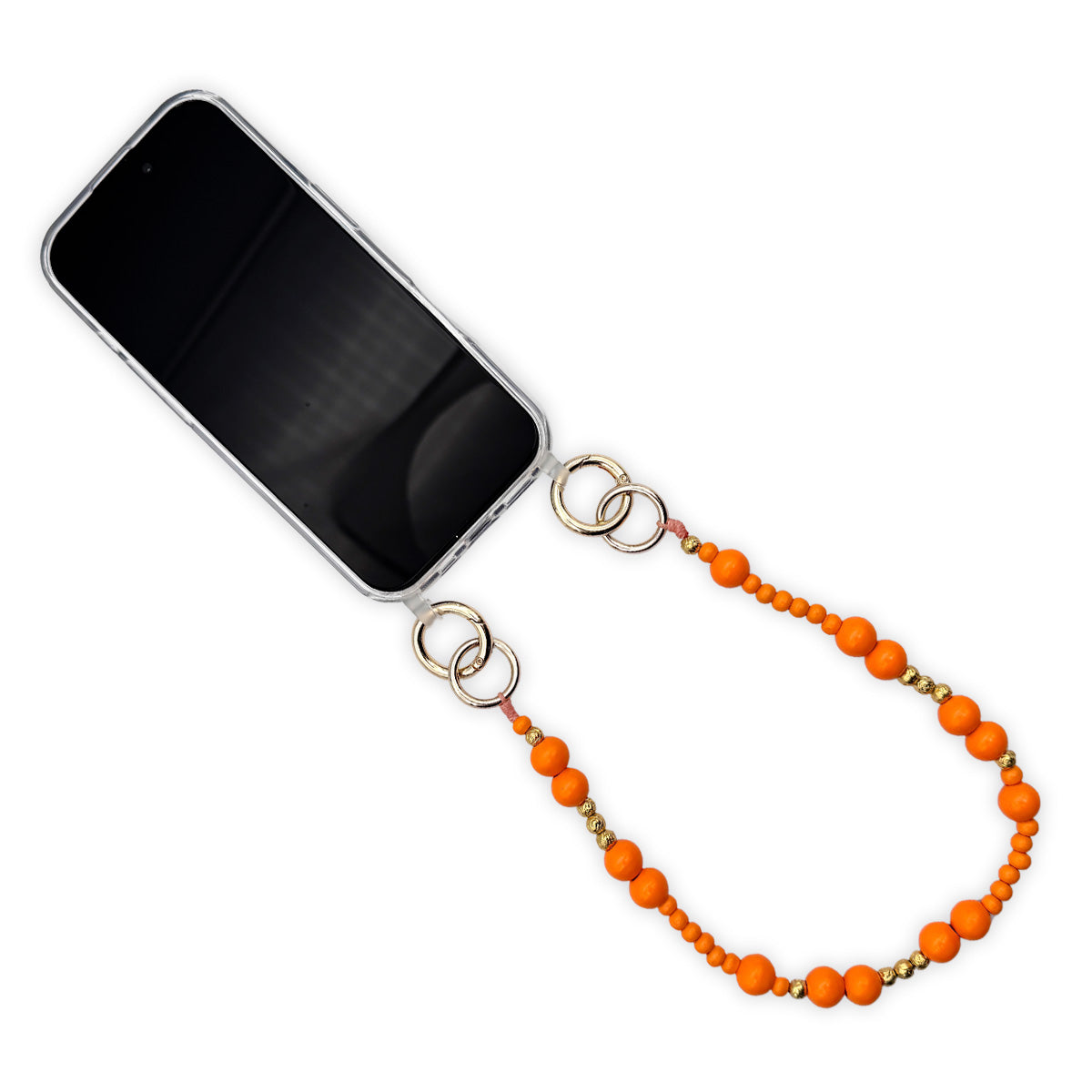 Escapulario kurze Handykette aus Holzperlen in Orange und Gold als sonniges Accessoire, das Farbe in deinen Alltag bringt.