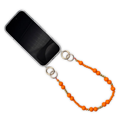 Escapulario kurze Handykette aus Holzperlen in Orange und Gold als sonniges Accessoire, das Farbe in deinen Alltag bringt.