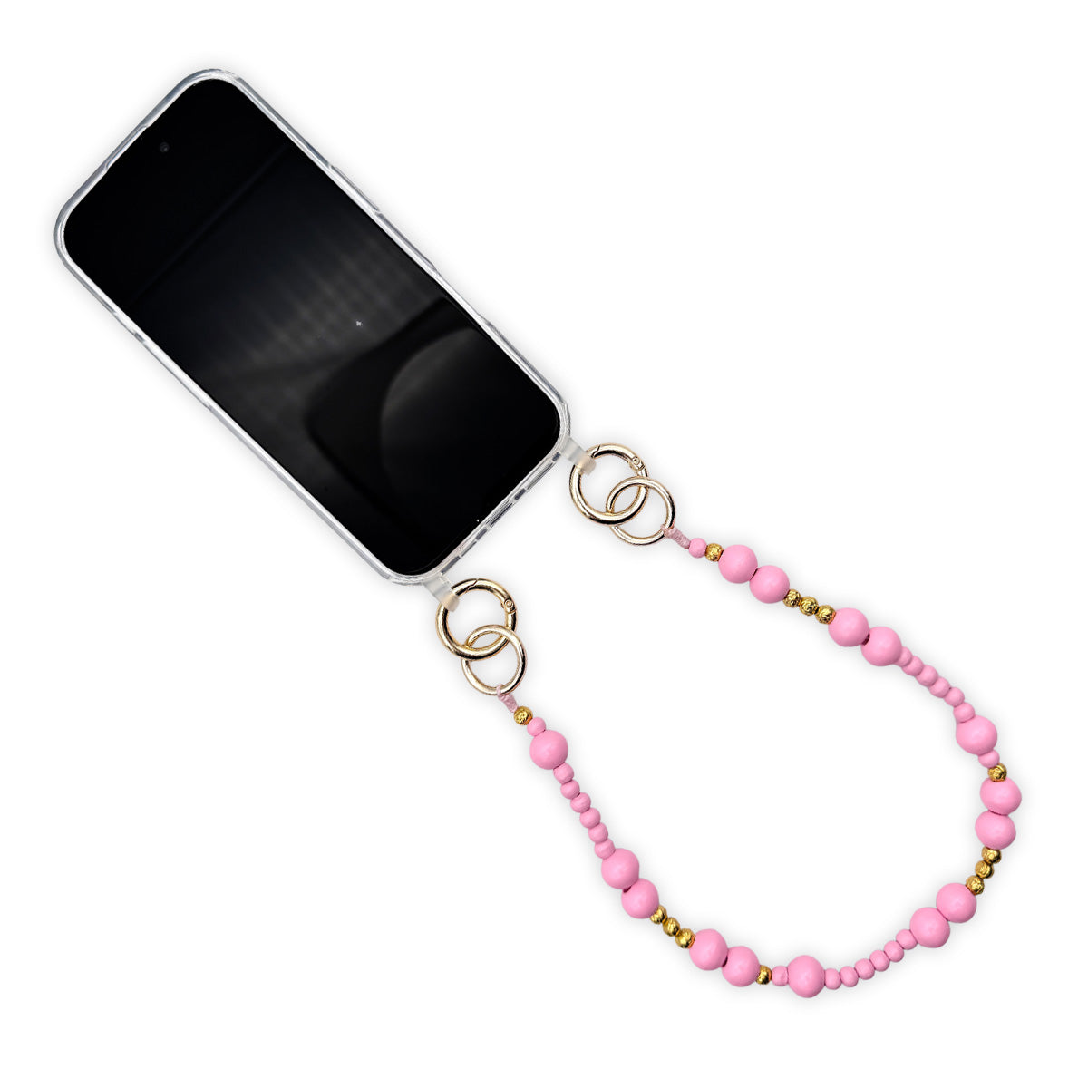 Escapulario kurze Handykette aus Holzperlen in Rosa und Gold als romantisches Smartphone-Accessoire für jeden Tag.
