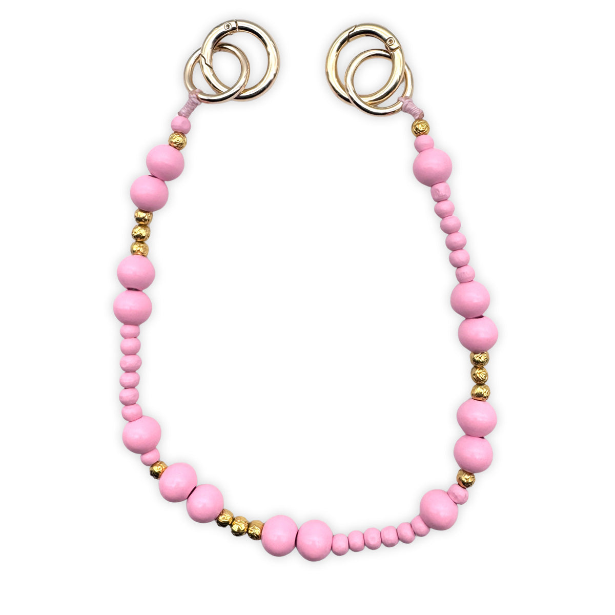 Escapulario kurze Handykette aus Holzperlen in Rosa und Gold als romantisches Smartphone-Accessoire für jeden Tag.