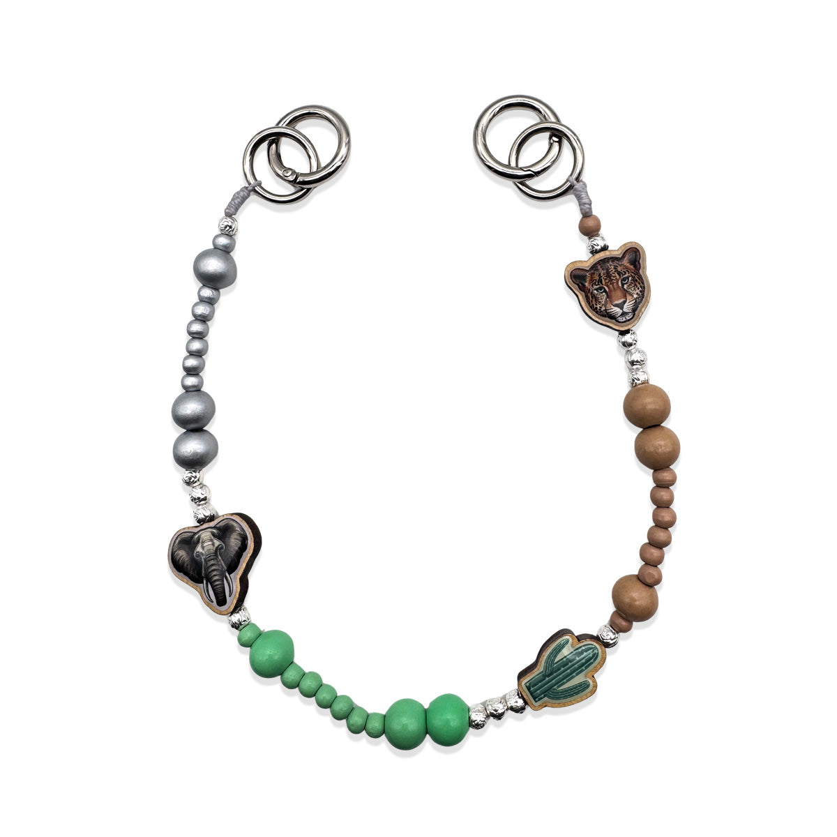 Escapulario kurze Handykette aus Holzperlen mit Leopardenmotiv und Karabiner als stylisches Smartphone-Accessoire für Frauen, die Animal-Print lieben.