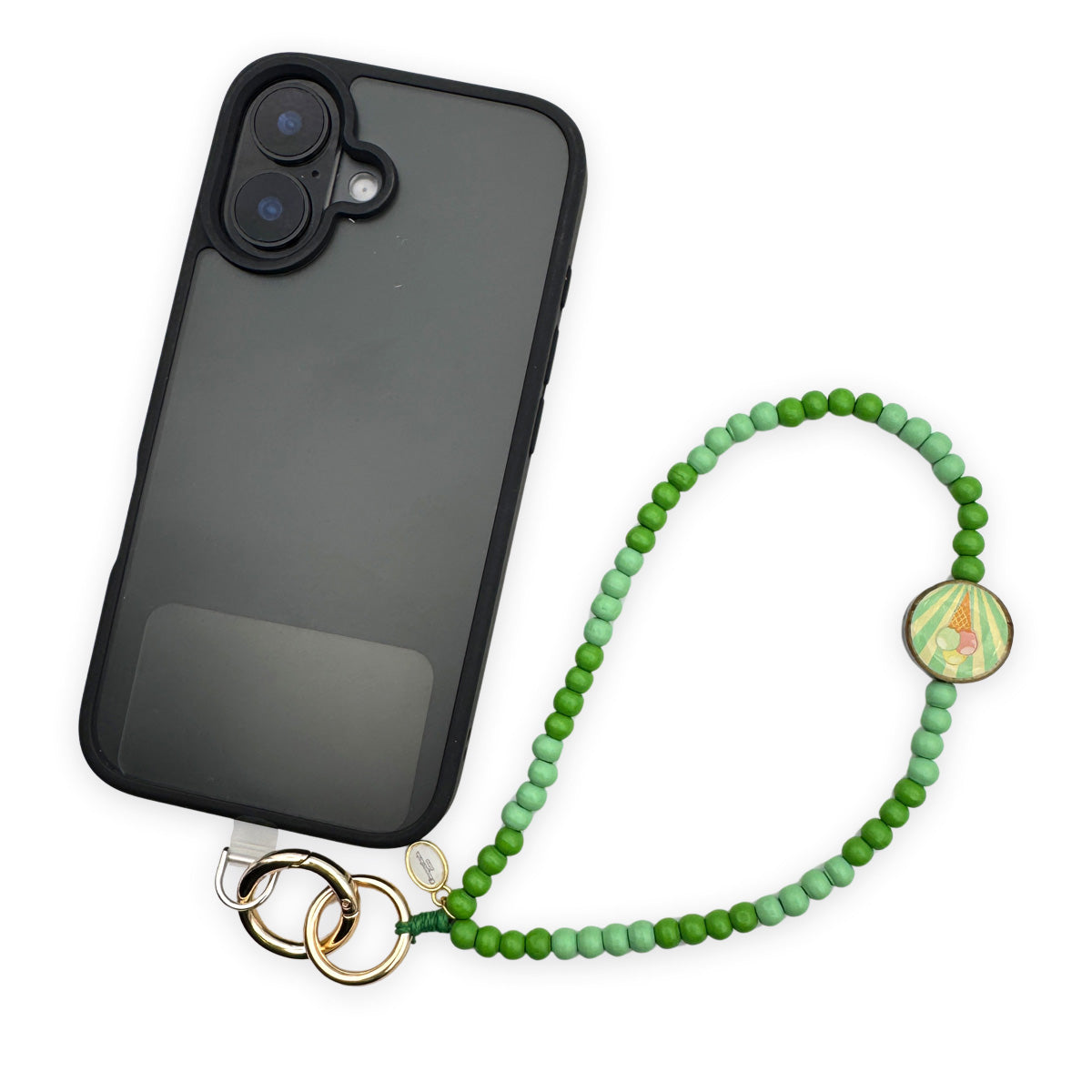 Escapulario kurze Handykette Mint-Apple mit mintgrünen Perlen, Apfel-Pin und Karabiner als fruchtiges Smartphone-Accessoire für Damen.