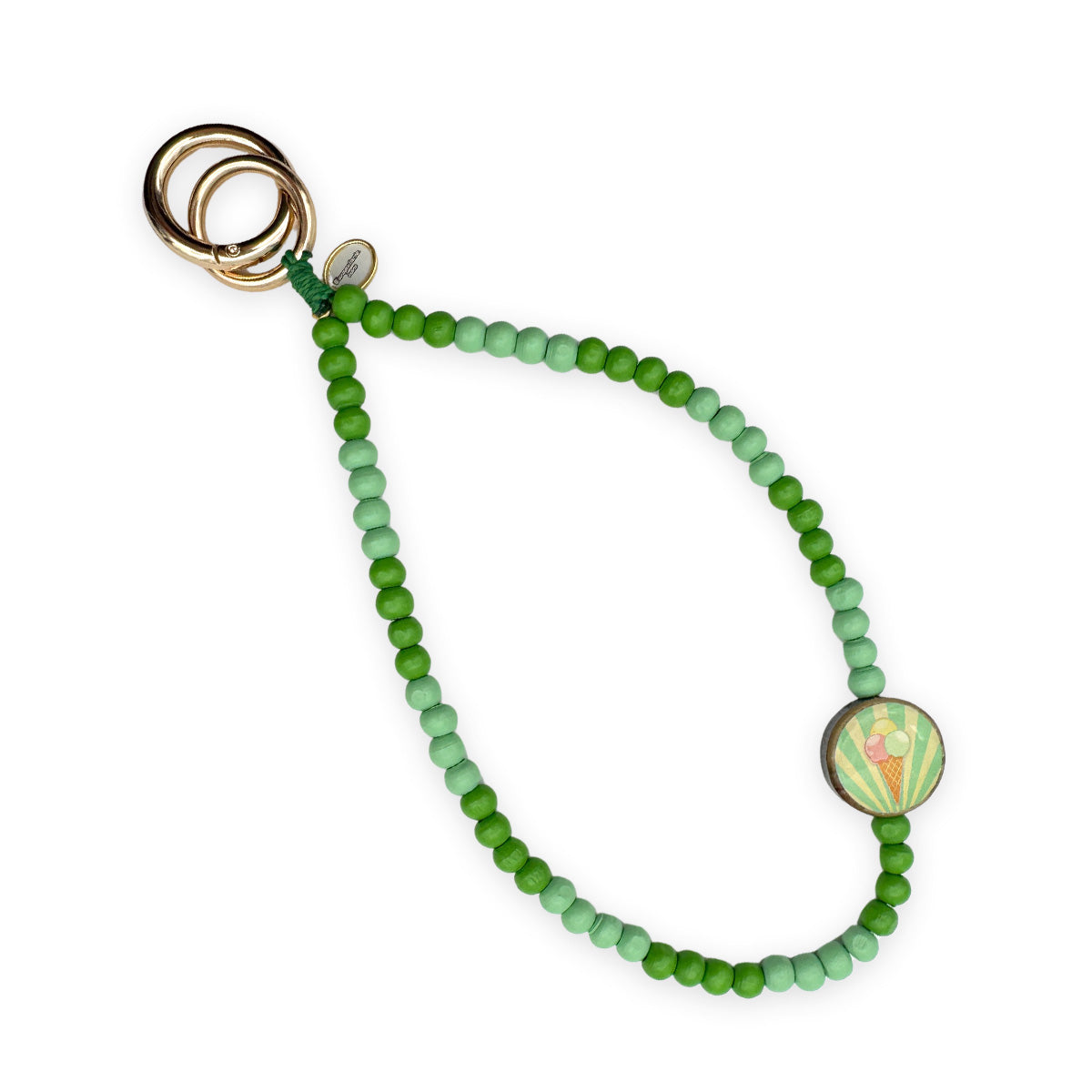 Escapulario kurze Handykette Mint-Apple mit mintgrünen Perlen, Apfel-Pin und Karabiner als fruchtiges Smartphone-Accessoire für Damen.