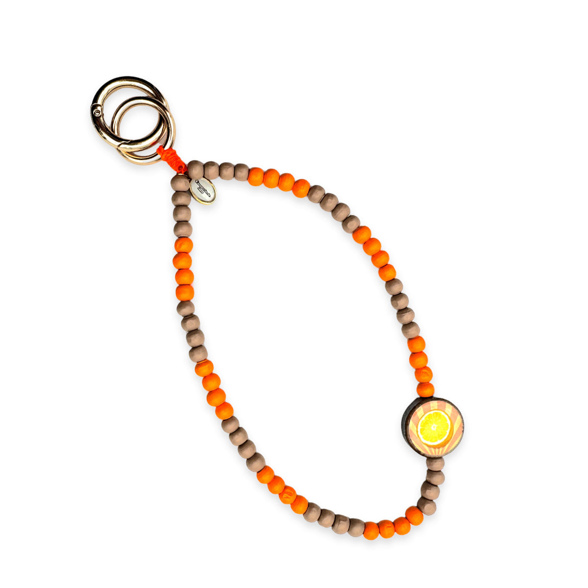 Escapulario kurze Handykette Orange-Cappuccino mit Perlen in Orange und Braun, Holzpin und Karabinern als stylisches Smartphone-Accessoire.