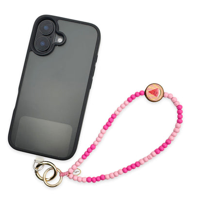 Escapulario kurze Handykette Rosa-Lipstick mit pinken Perlen, Holzpin und Karabiner als verspieltes Handyband für Damen.