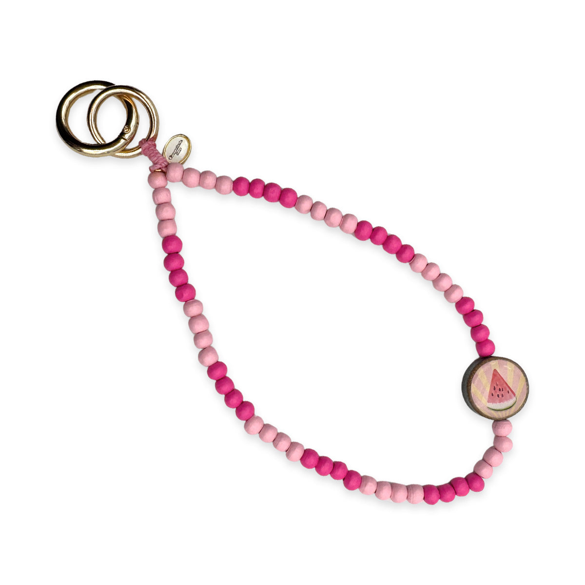 Escapulario kurze Handykette Rosa-Lipstick mit pinken Perlen, Holzpin und Karabiner als verspieltes Handyband für Damen.