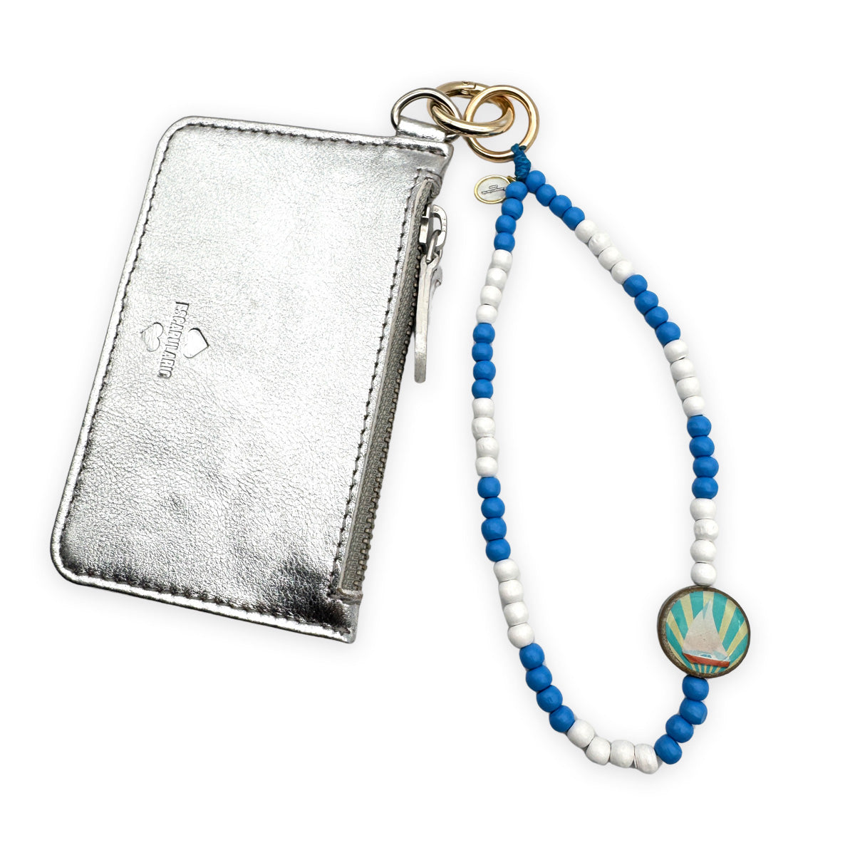 Escapulario kurze Handykette Weiß-Jeans mit Holzperlen, Pin-Anhänger und Metallkarabinern als casual Handyband für dein Smartphone.