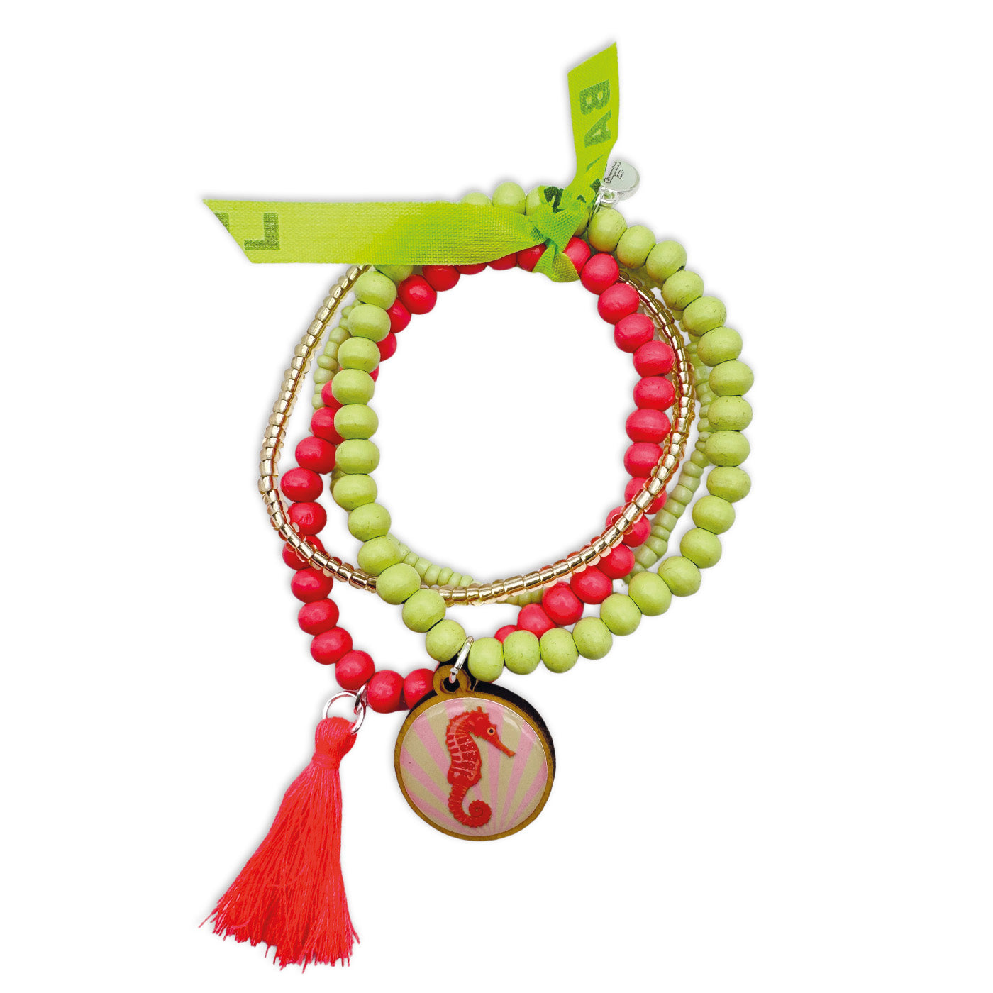 Escapulario Armbandset mit Seepferdchenpin in lebhaften Rot- und Grüntönen – verspielter Armschmuck für Frauen mit maritimem Charme.