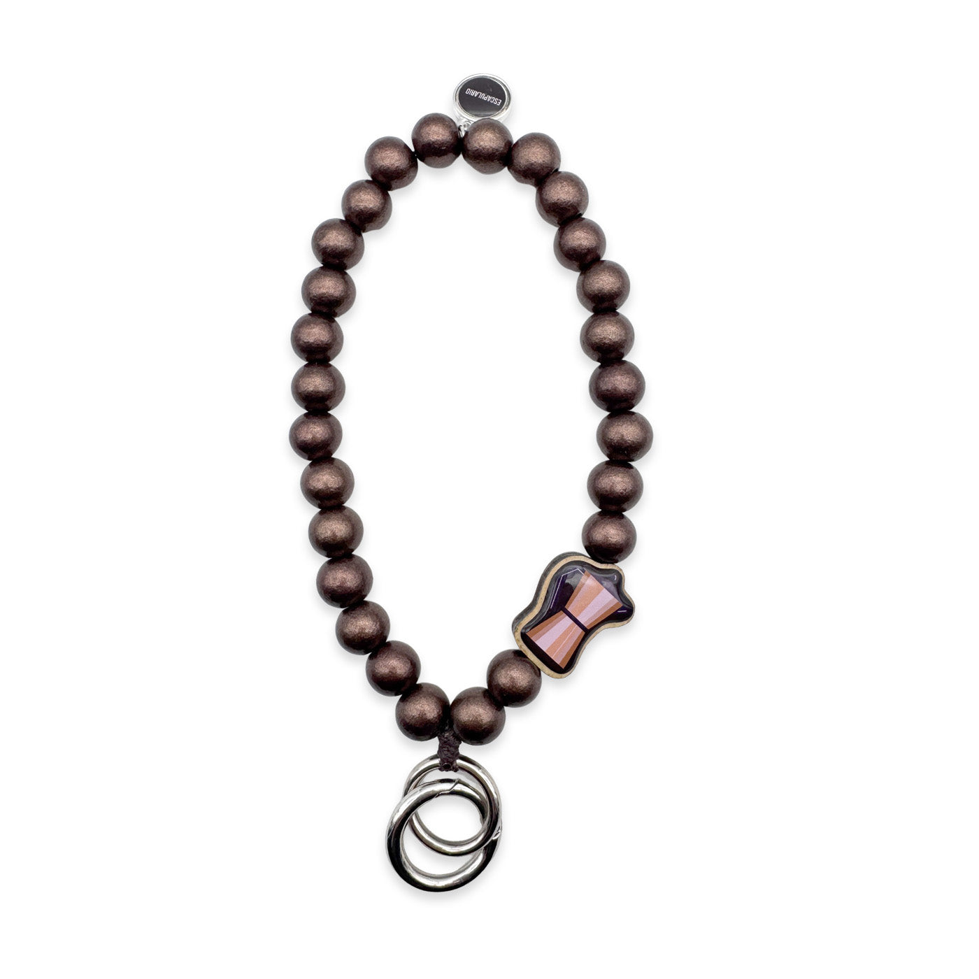 Escapulario Schlüsselkette in Bronze mit Mokkakanne-Holzpin aus Holzperlen als charmantes Kaffee-Statement für Frauen.