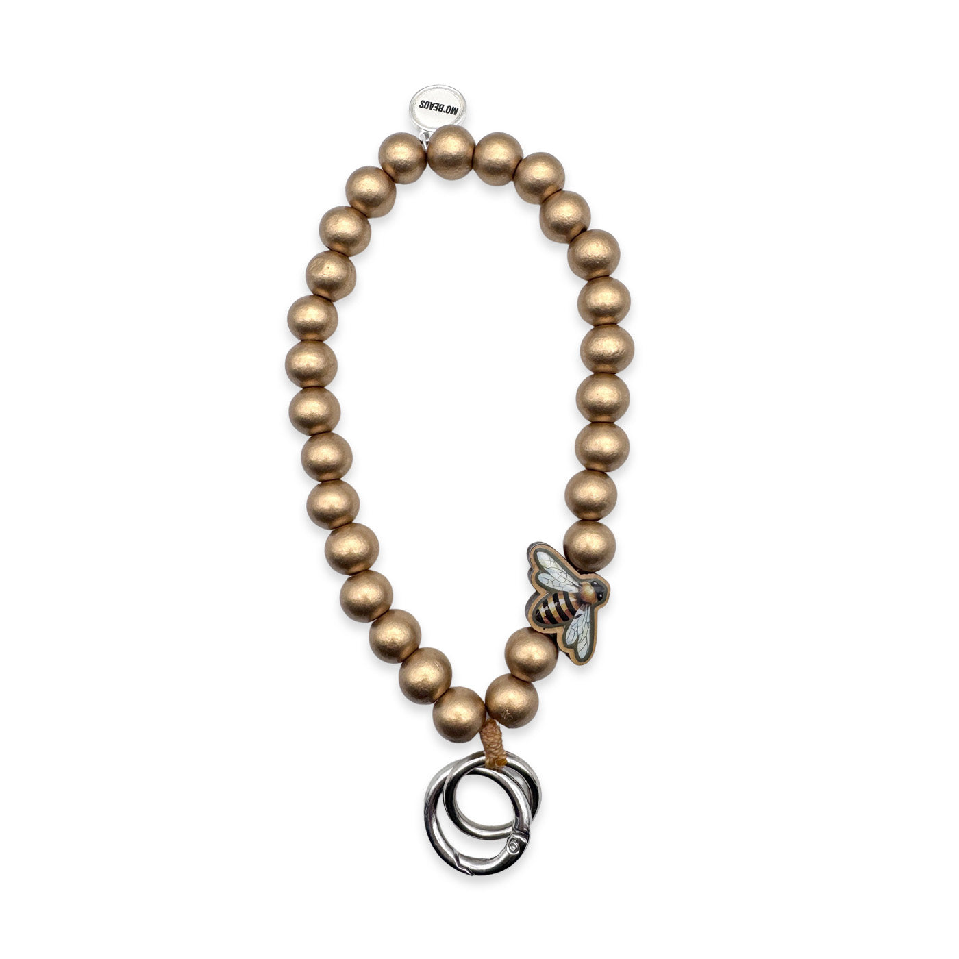 Escapulario Schlüsselkette in Gold mit Bienen-Holzpin aus Holzperlen als süßes Glücksbringer-Accessoire für Frauen.