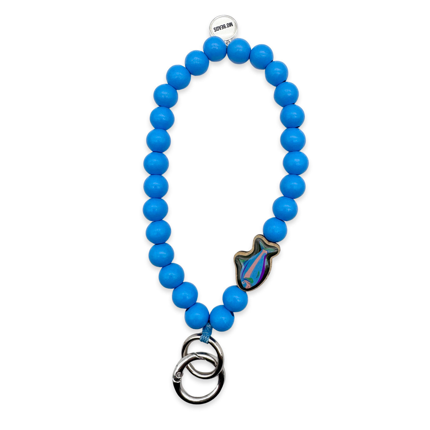 Escapulario Schlüsselkette in Jeansblau mit Fisch-Pin aus Holz und praktischem Karabiner, perfekt für Frauen, die Wasser und Blautöne lieben.