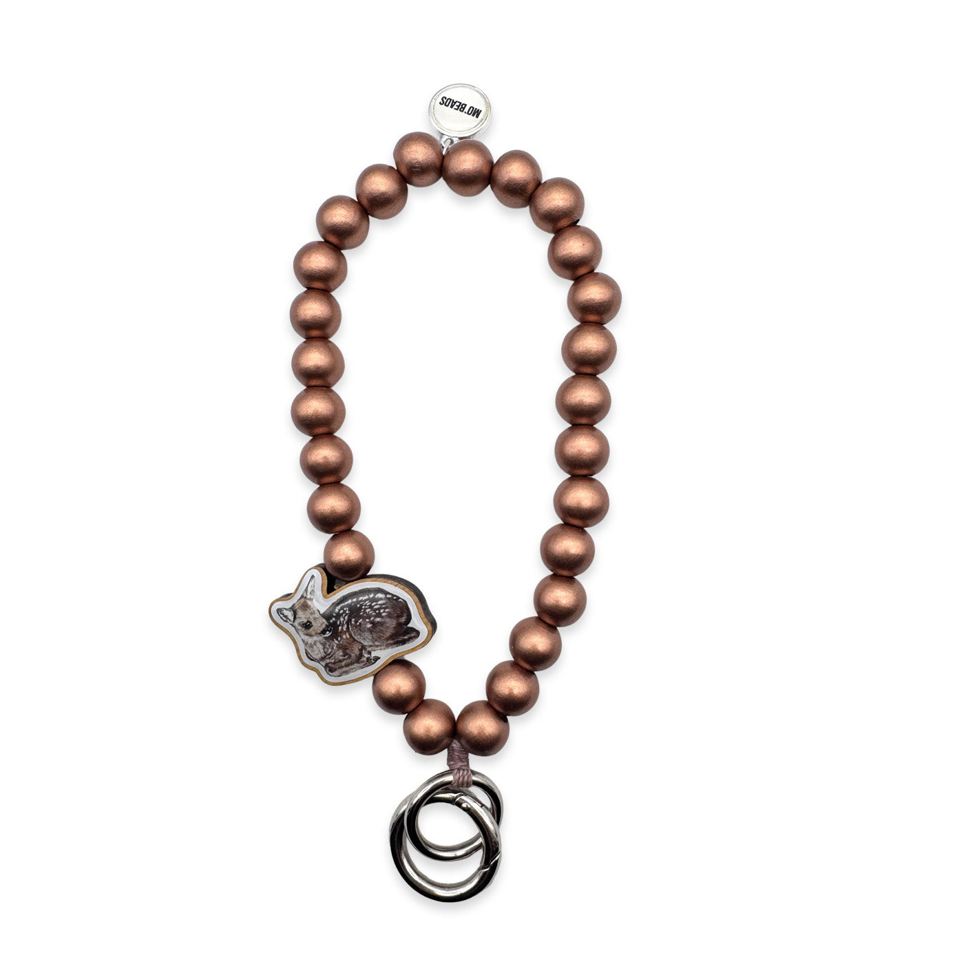 Escapulario Schlüsselkette in Kupfer mit Bambi-Holzpin aus Holzperlen als märchenhaftes Accessoire für Frauen.