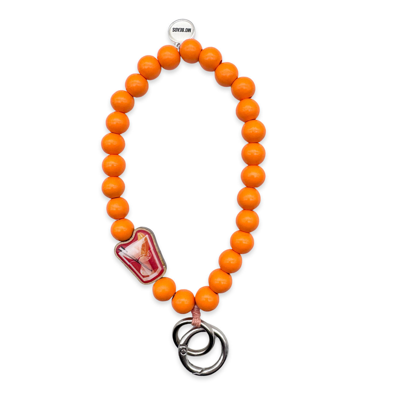 Escapulario Schlüsselkette in Neonorange mit Cocktail-Holzpin, bunten Perlen und Schlüsselring mit Karabiner als sommerlicher Party-Begleiter für stilbewusste Frauen.