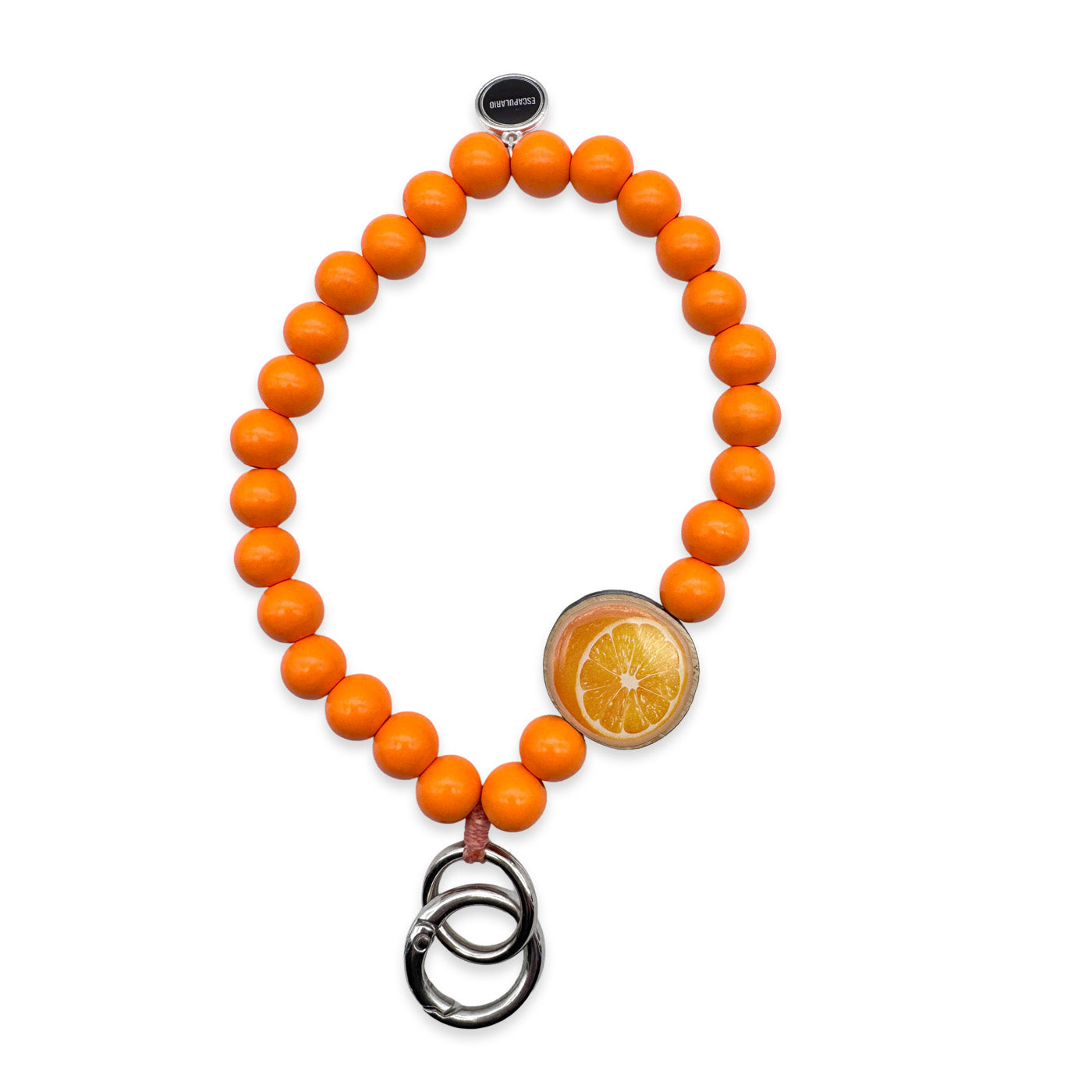 Escapulario Schlüsselkette in Neonorange mit Orangen-Pin aus Holz und stabilem Karabiner, ein fruchtiger Farbtupfer für Damen, die auffällige Accessoires lieben.