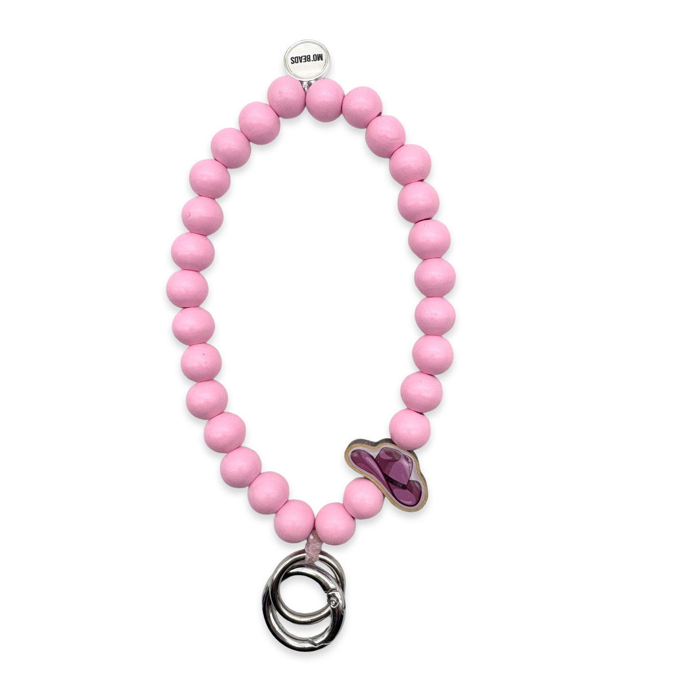 Escapulario Schlüsselkette in Rosa mit Cowboyhut-Holzpin aus Holzperlen als bunter Western-Keychain für Frauen.