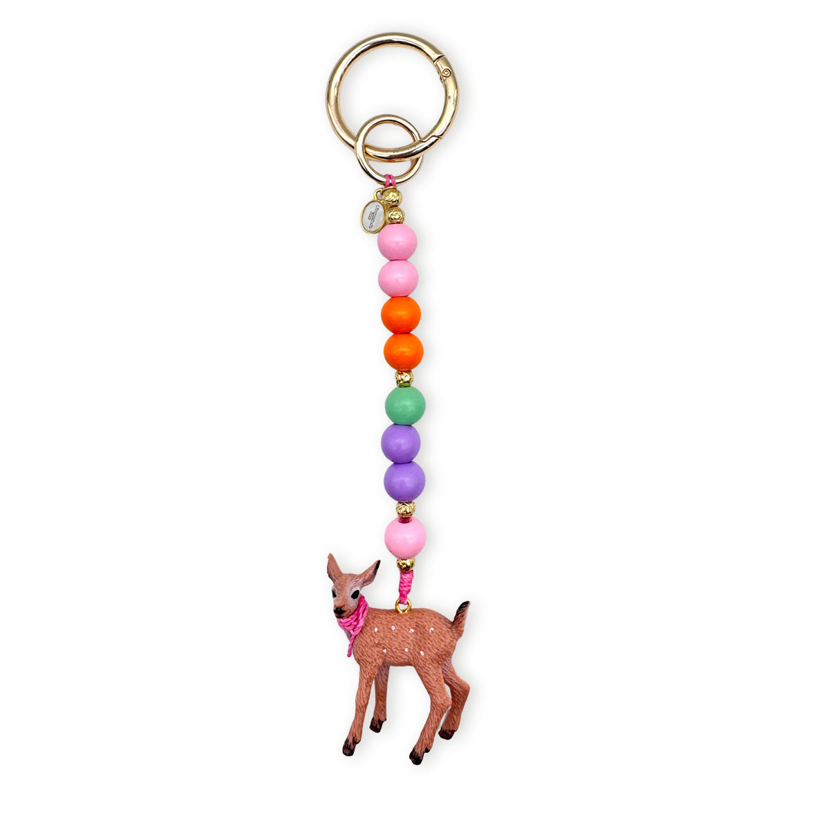 Escapulario Taschenanhänger mit Reh, bunten Holzperlen und vergoldeten Details als fröhliches Bag-Accessory für Damen.