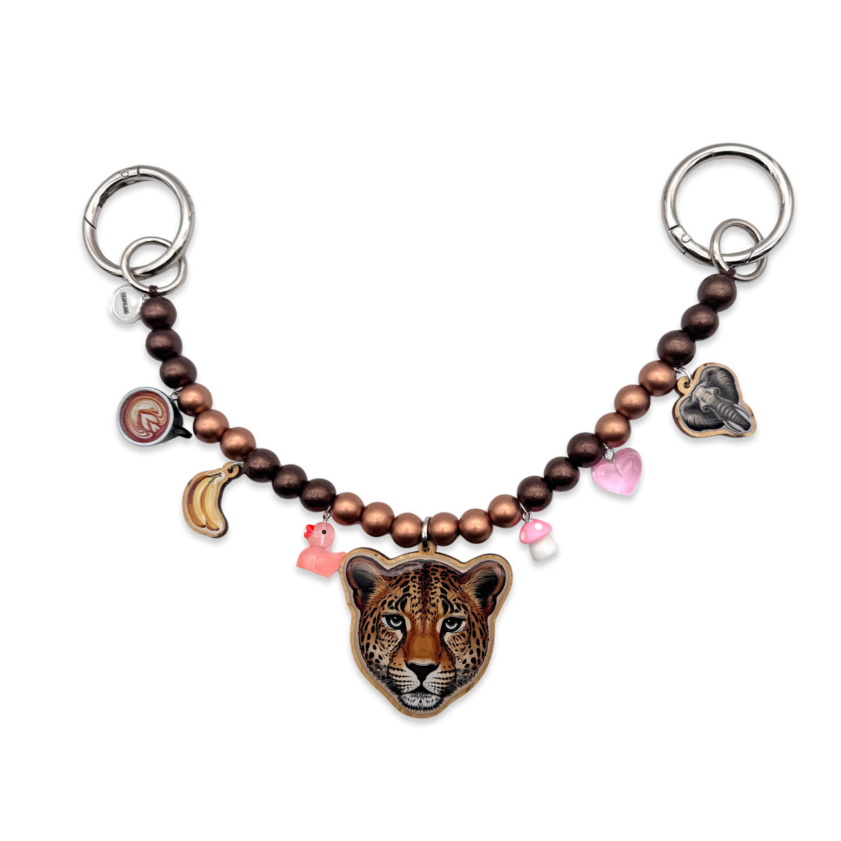 Escapulario Taschenkette mit Leopardenmotiv, Holzperlen und Metallkette als auffälliges Animal-Print-Accessoire für modebewusste Frauen.