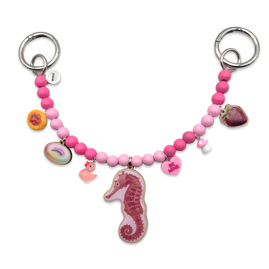 Escapulario Taschenkette mit Seepferdchenanhänger, bunten Holzperlen und Kette als maritimes Sommer-Accessoire für Frauen.