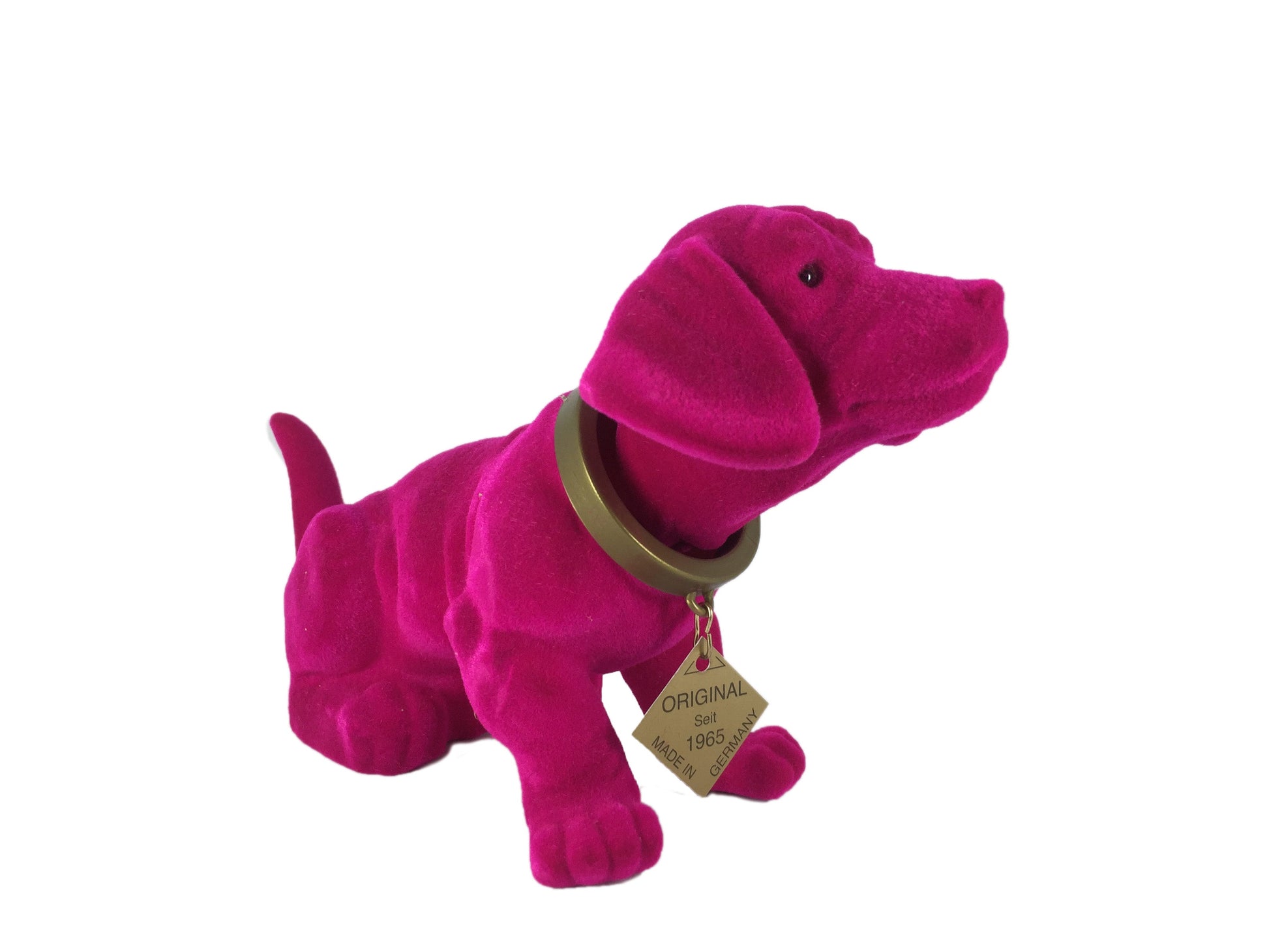 Escapulario Original Wackeldackel Klein Pink Flock als buntes Autozubehör fürs Armaturenbrett als fröhliche Retro Deko und Geschenkidee.